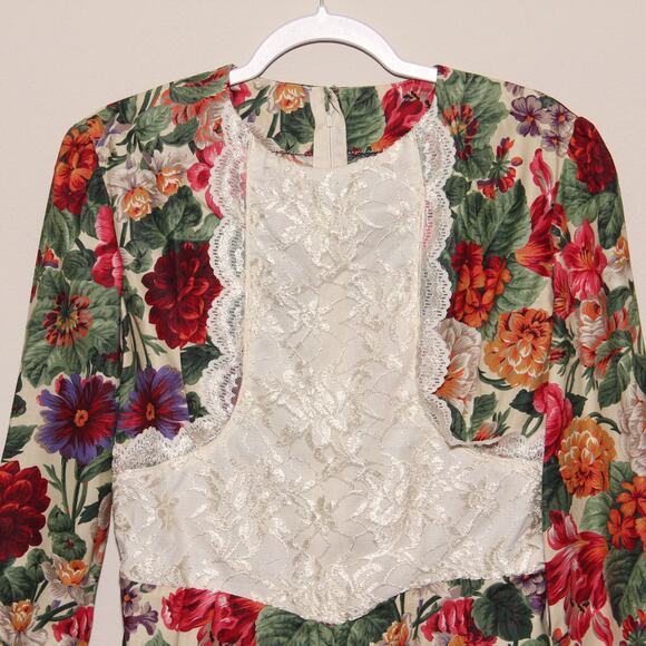Vintage 80s Handmade Lace Bodice Floral Dress Size Small (no tag) - Picture 2 of 7